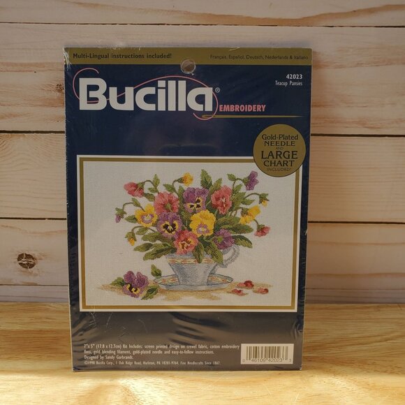VTG Bucilla Embroidery Kit Teacup Pansies 42023 Large Chart Gold Plated Needle - Picture 1 of 5